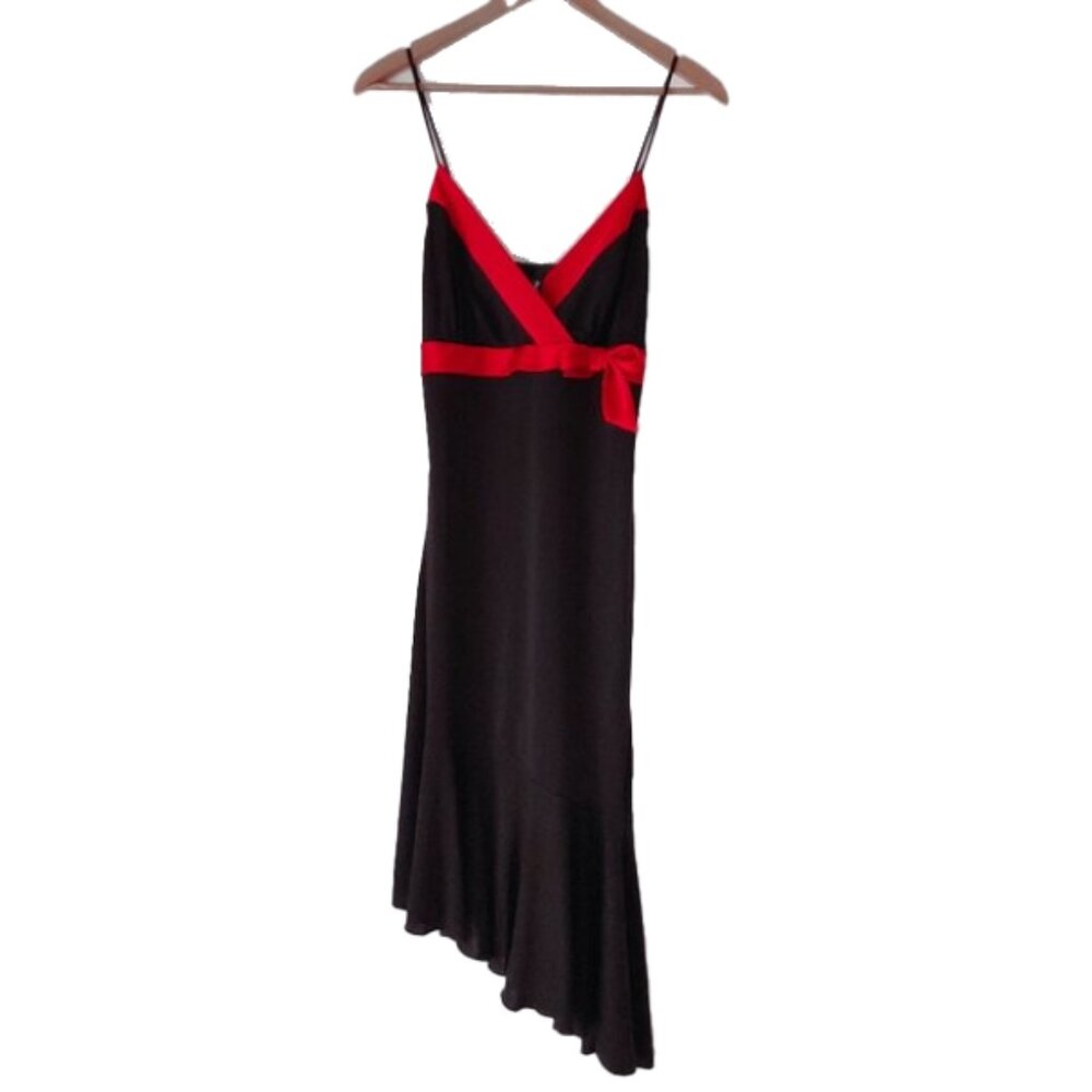Trixxi Black WhimsiGoth Y2k Midi Dress Ruffle Hem Red Ribbon Cocktail Dress